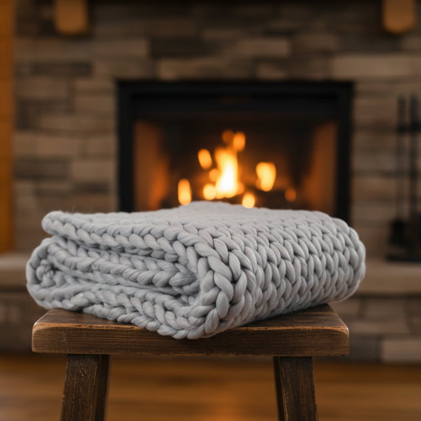 Gray knitted blanket on a white background