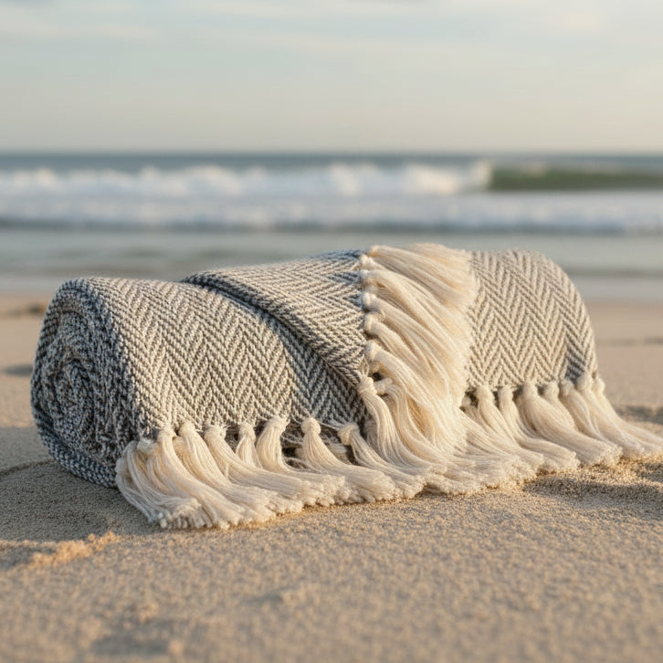 Handloomed Light Gray Cotton Throw Blanket with Tassels