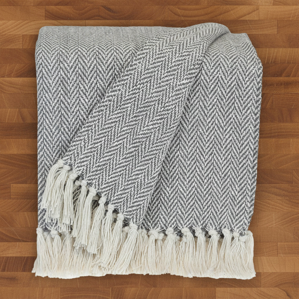Handloomed Light Gray Cotton Throw Blanket with Tassels