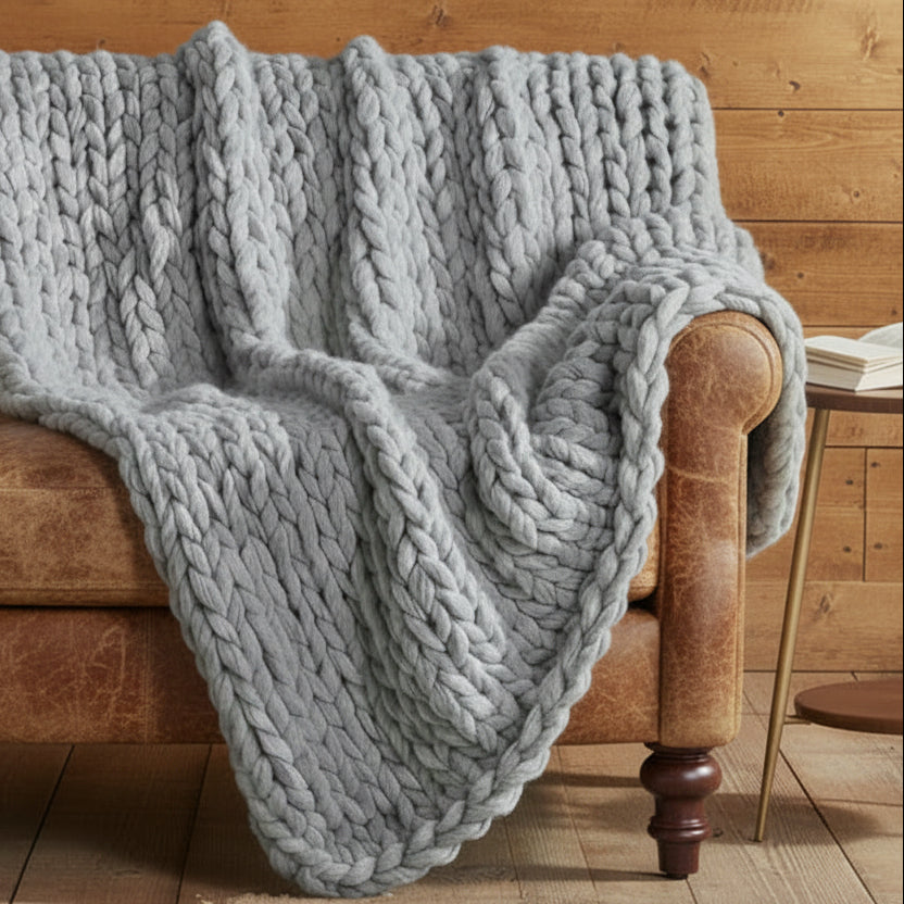 Gray chunky knit blanket draped over a brown armchair against a gray wall.