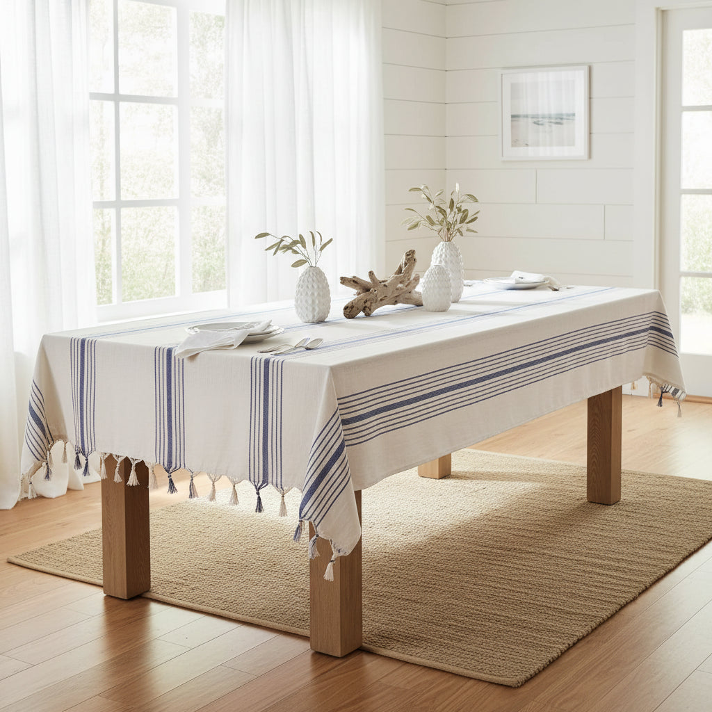 Blue & Cream Cotton Tablecloth & Napkins Set