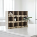 Farmhouse Rustic Pine 12-Cubby Organizer styled in a bright coastal kitchen with rolled napkins and dried botanicals