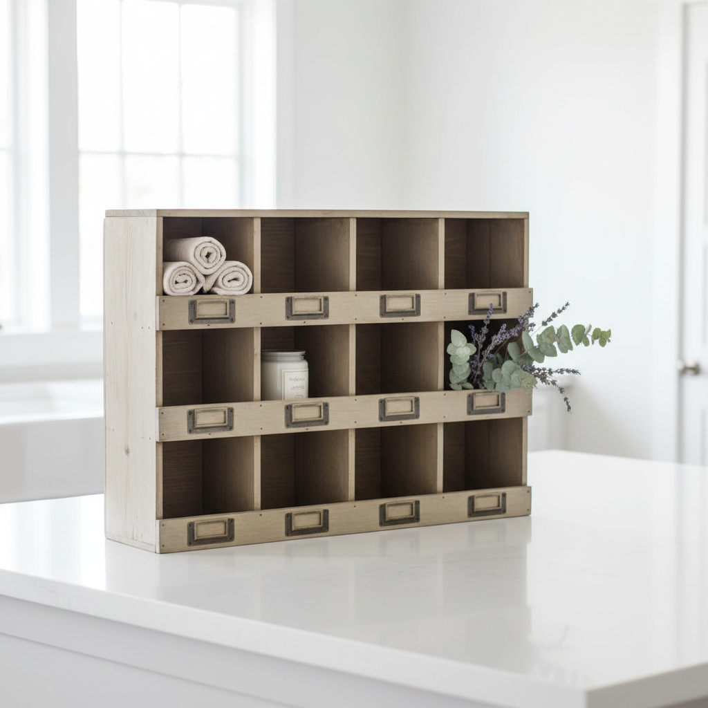 Farmhouse Rustic Pine 12-Cubby Organizer styled in a bright coastal kitchen with rolled napkins and dried botanicals