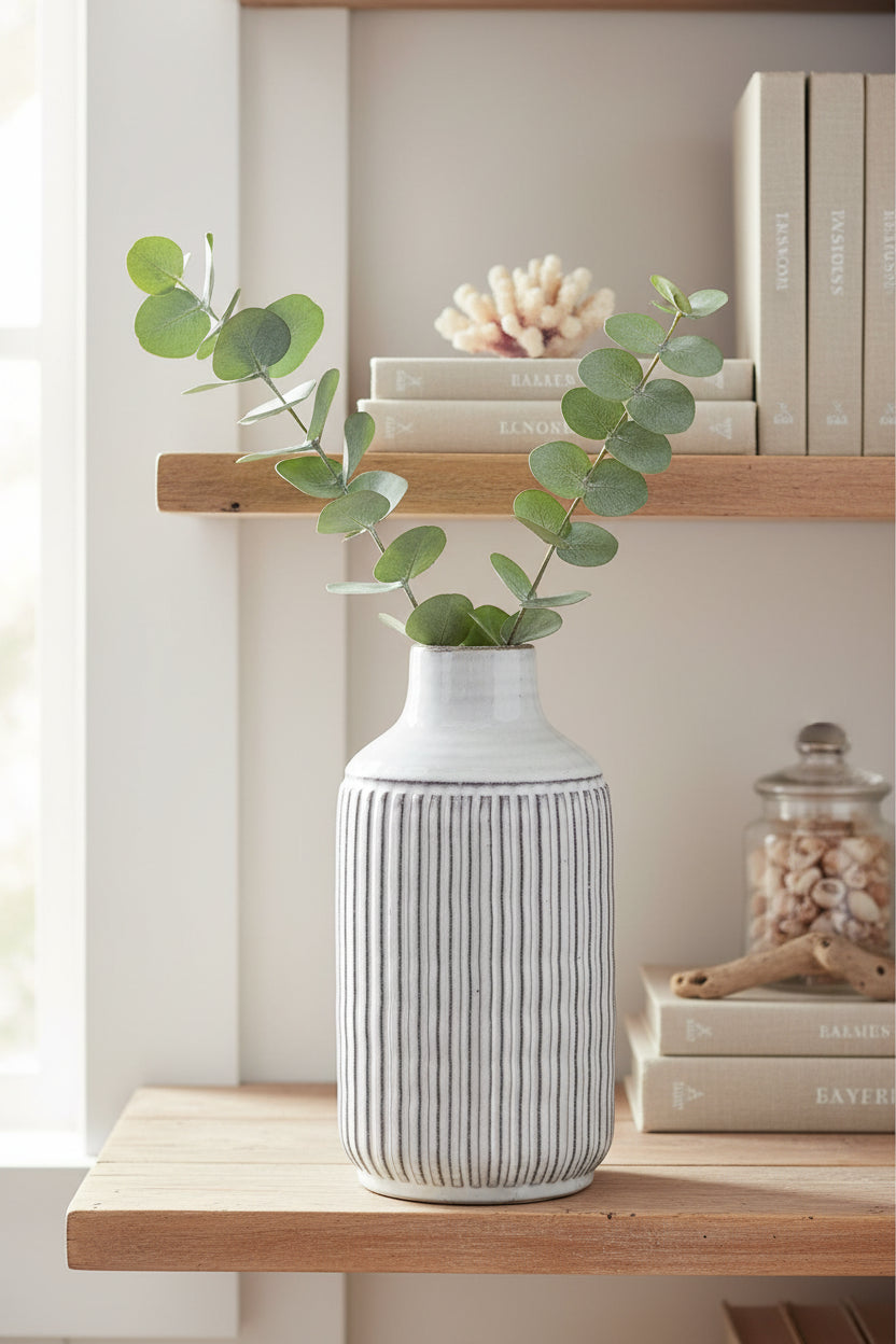 Seafoam grey clay vase — rustic coastal pottery, medium 10 inch glazed terra cotta, Cedar + Salt